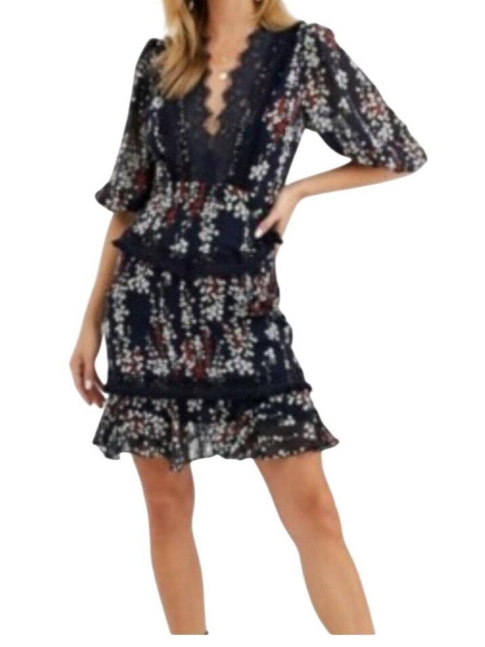 Dark Pink London Floral Lace Trim Mini Dress Navy XS UK 8 USA 4 EU 36